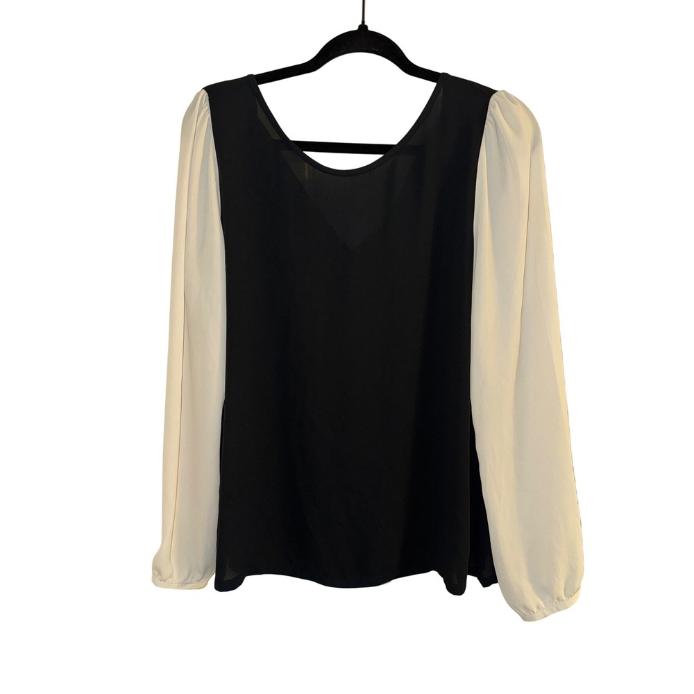 Ann Taylor LOFT Black Cream Colorblock Keyhole Back Tie Blouse Top Large